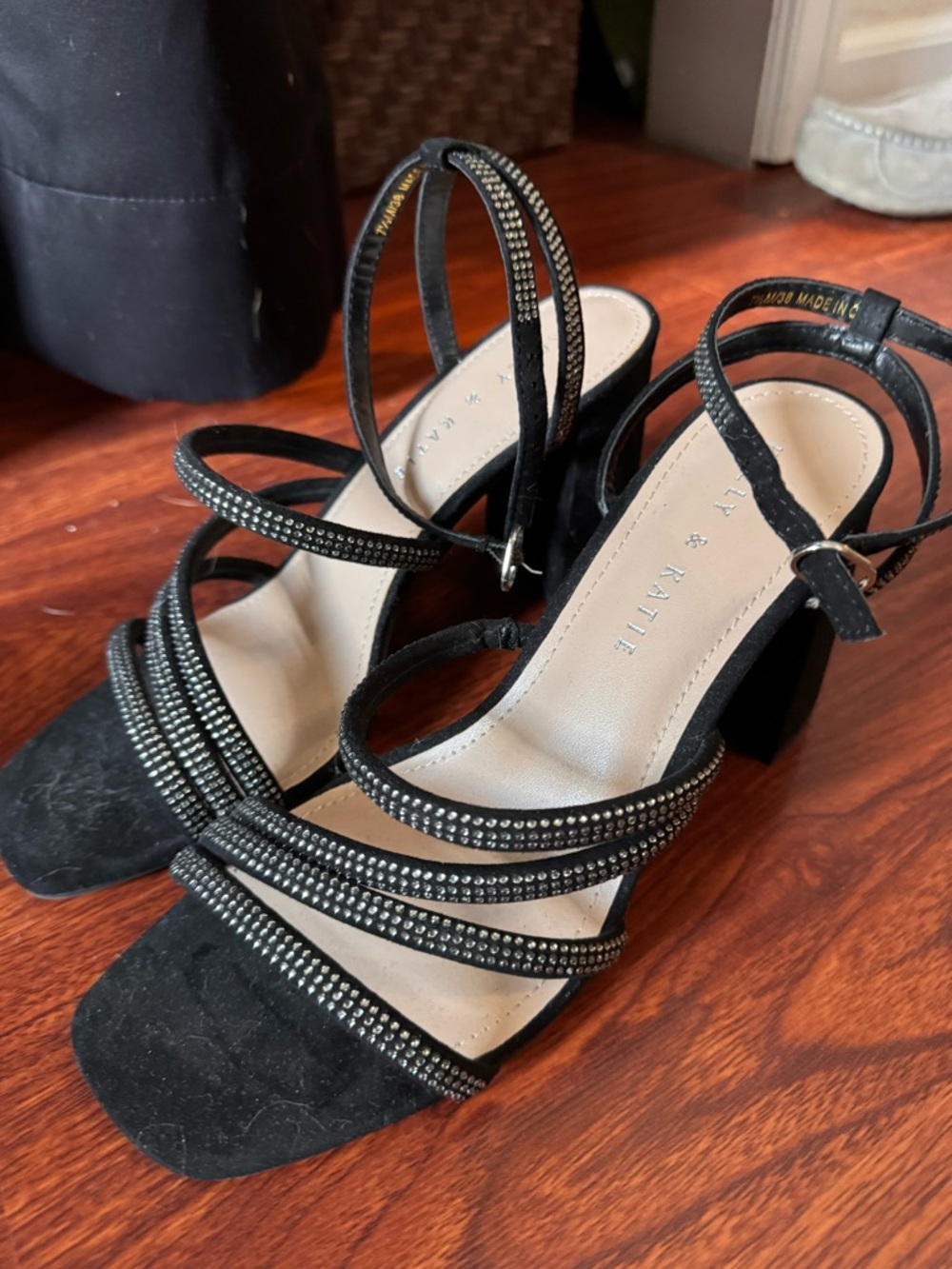 NEW- Kelly & Katie Black Rhinestone Strappy Block Heel Sandals